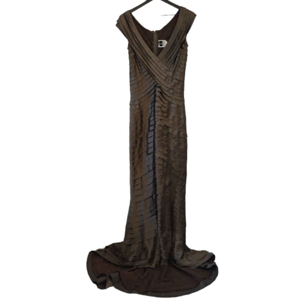 Elegant Brown Pleated Evening Gown